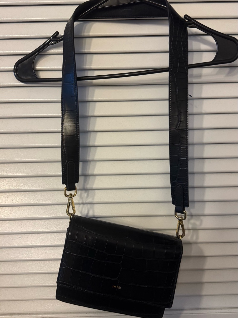 JW PEI Black Croc-Embossed Crossbody with Wide Strap